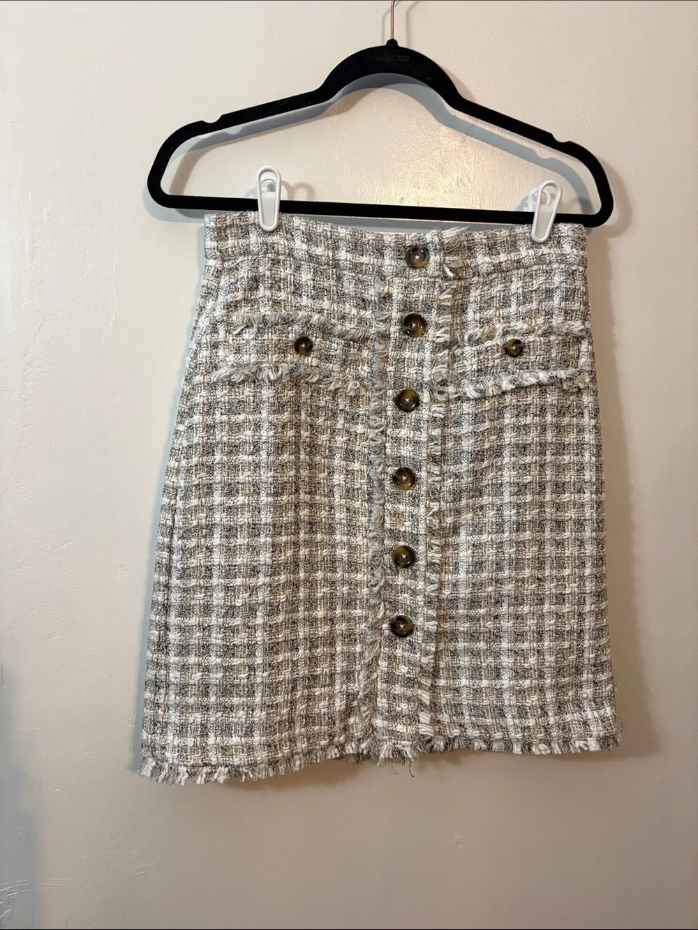Ann Taylor Button-Front Tweed Mini Skirt in Ivory and Taupe